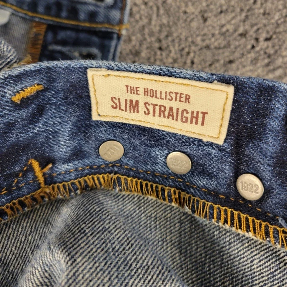 Hollister Jeans Mens 32x32 Blue Slim Straight Button Fly Distressed Mid Rise